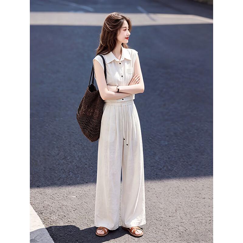 Women's French Casual Linen Blend Sleeveless Set