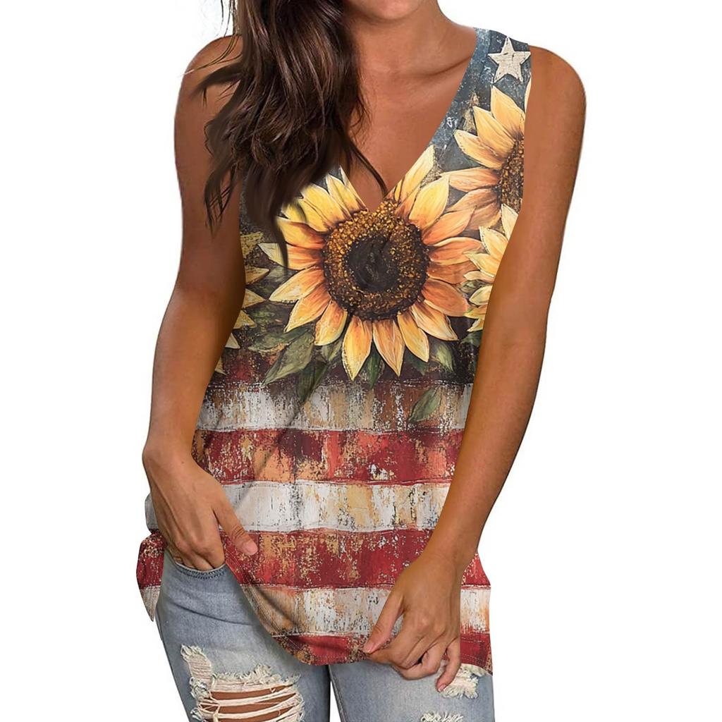 Women's Casual Fashion V-Neck Sleeveless Pullover Top Independence Day Printed Vest T-Shirt