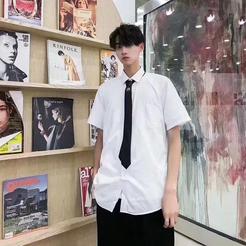 Men's White Korean Style Short-Sleeved Casual Shirt - Loose Fit, Trendy Hong Kong Style Student Class Uniform