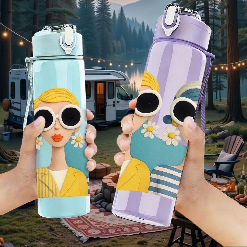 1PC Two Ladies Sunglasses Cartoon Duo 750ml Color Plastic Sports Water Bottle Leakproof Flip Straw Lid For Sports Office Home Use