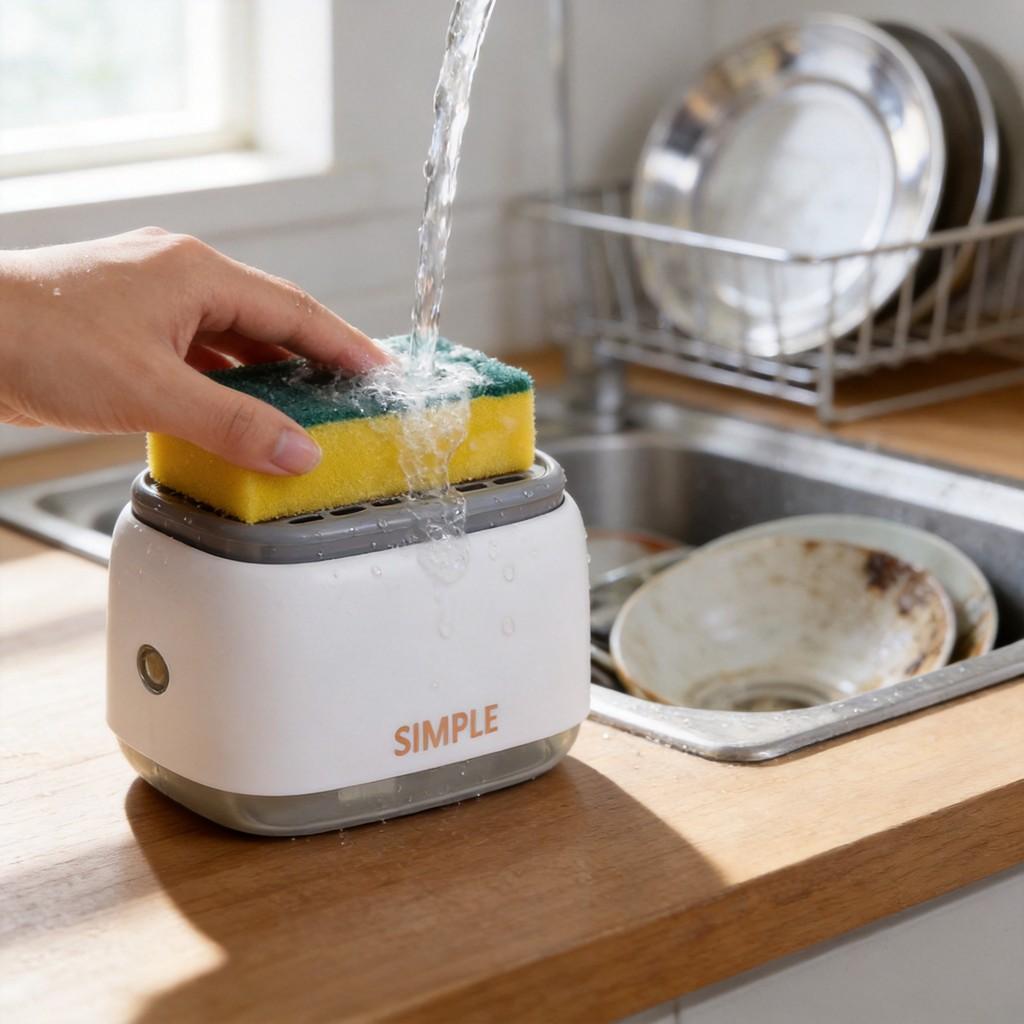 Kitchen Dish Brush With Soap Dispenser And Plastic Holder For Easy Cleaning
