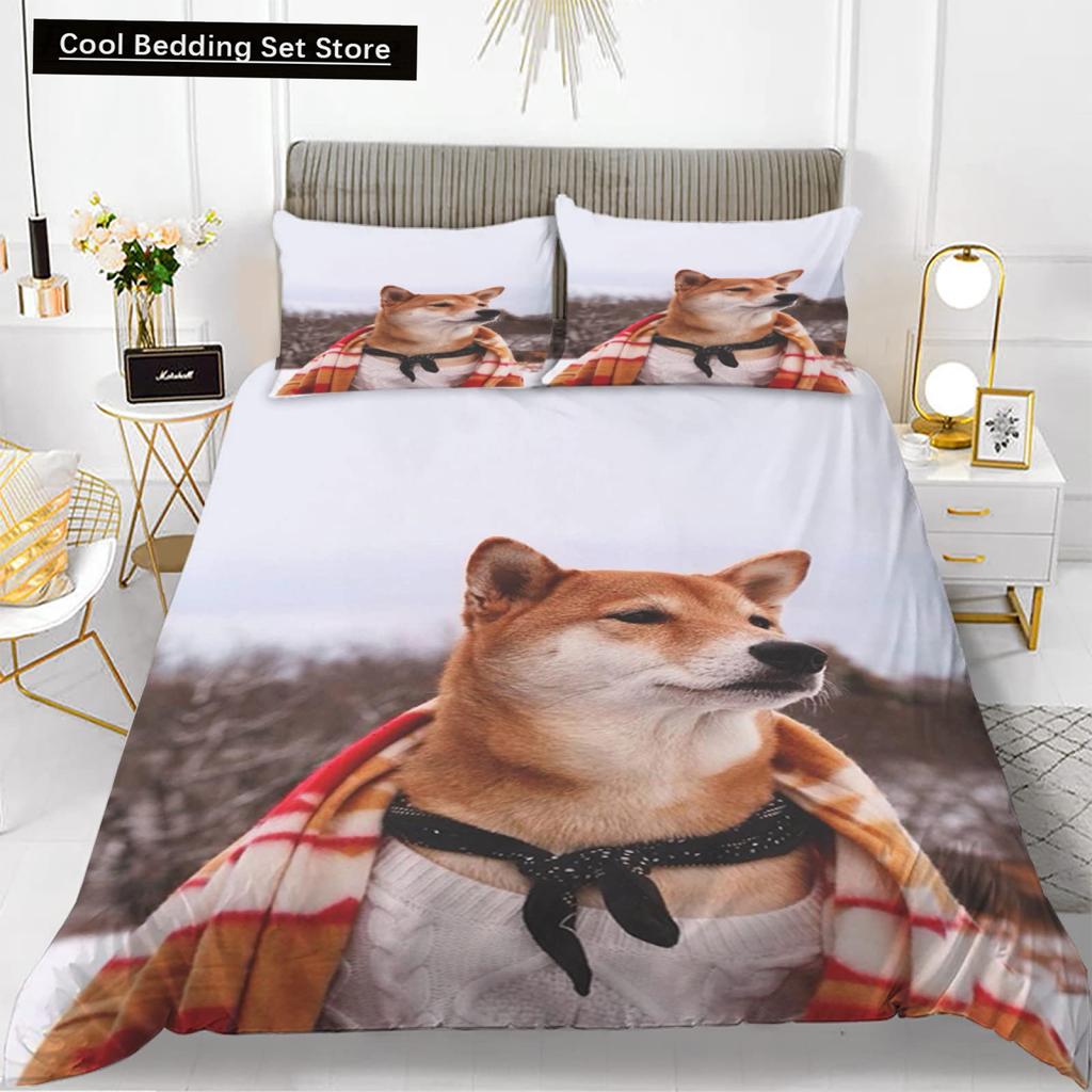 Yellow Shiba Inu King Queen Bedding Set Lovely Puppy Duvet Cover Family Pet Animal Quilt Cover 2/3pcs Polyester Comforter Cover