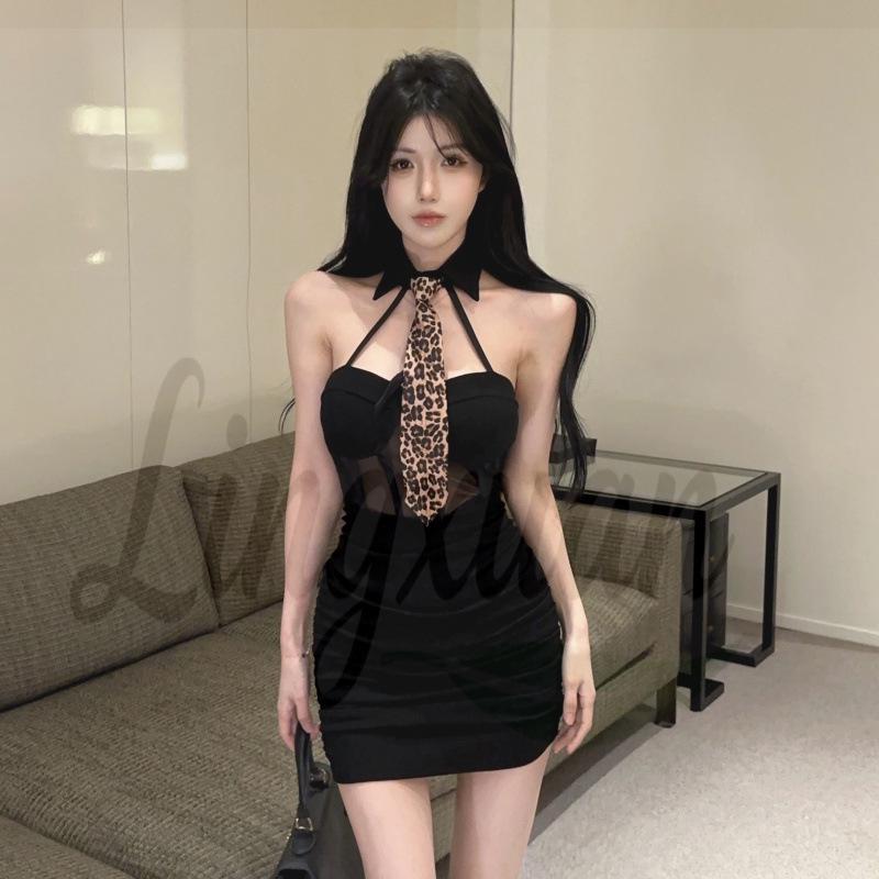 Leopard Print Spicy Halter Neck Off-Shoulder Slimming Little Black Dress with Tie Waist and Mesh Panel Large чёрный