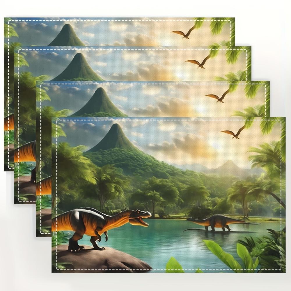 Set of 4 Lake Forest Dinosaur Landscape Prehistoric Scene Placemat Linen Kids Table Mat for Fun Dining 4PCS