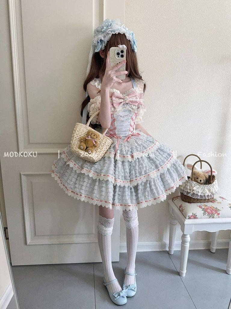 MODKOKU Lolita JSK Jumper Skirt with Ribbon and Mori Girl Tiered Lolita Light Size M Women's Bride-Style Lace-Up Ruffles, Palace-Style Dress,
