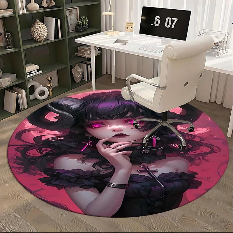 1pc Gothic Devil Girl Round Carpet Anime Design Office Chair Mat, Anti Slip Rug for Home Decor, Living Room, Bedroom, Game Room, Festival Gift