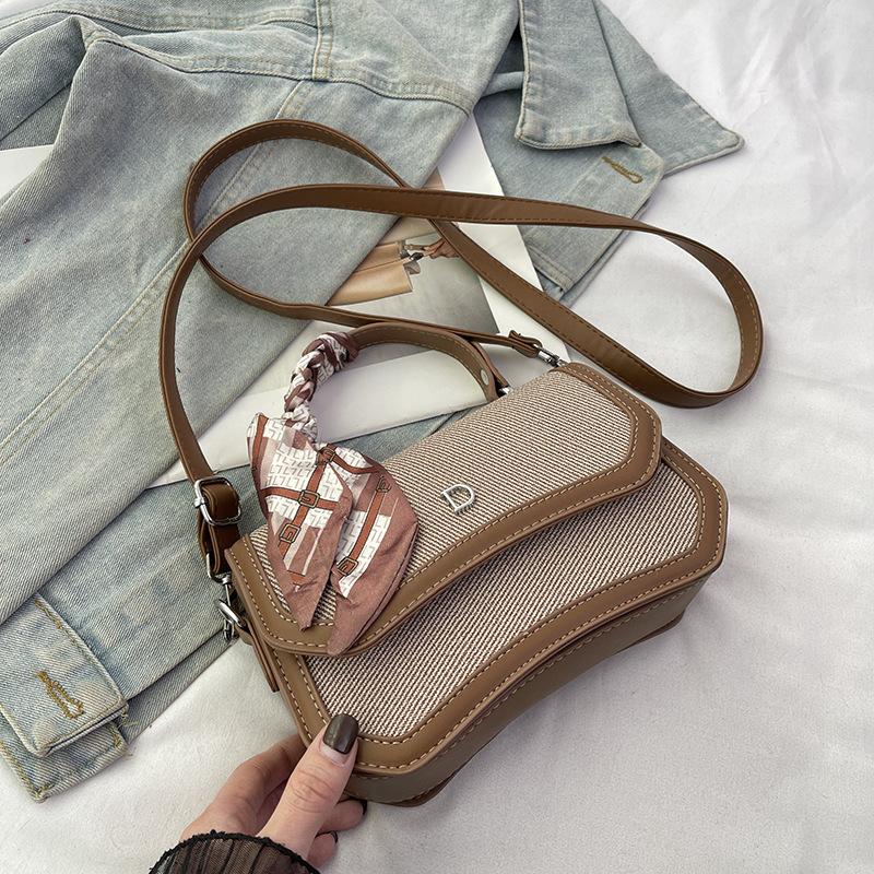 New Fashion Silk Scarf Contrasting Color Saddle Bag Versatile Portable Shoulder Crossbody Trendy Women's Bag