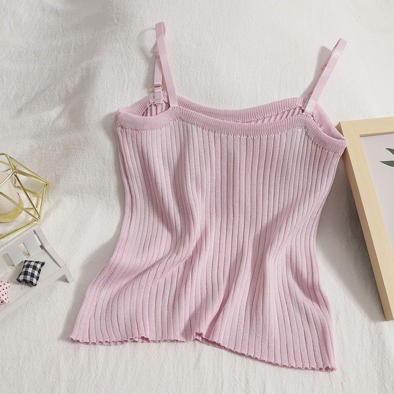 Summer Wear Versatile and Slim Fitting Camisole Top with Solid Color and Simple Knit Vest Inside