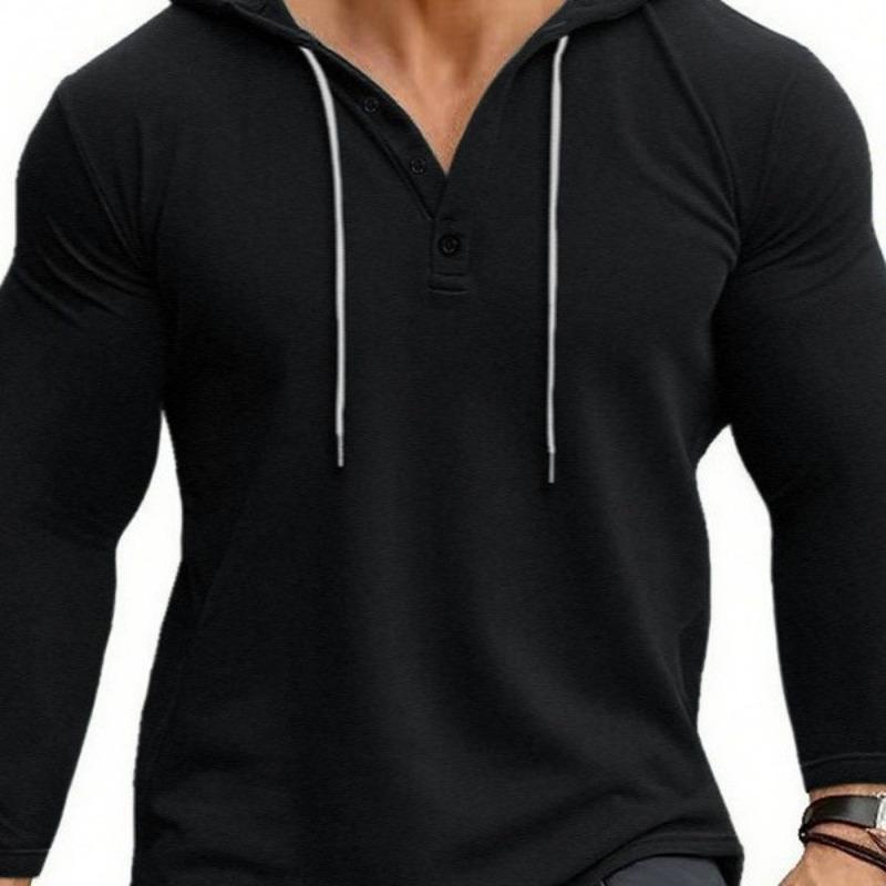 Men S Casual Sports Fitness Hooded Button Long Sleeve T Shirt