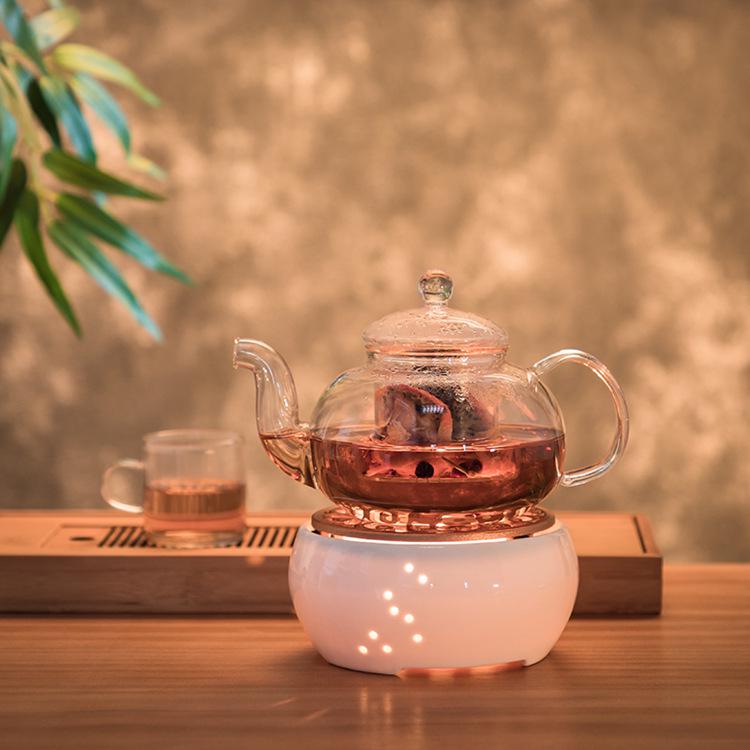 Heat-Resistant Glass Tea Kettle with Candle Warmer Base - Flower Tea Brewer & Filter Pot