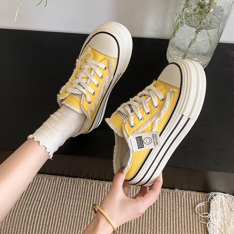 

2025 summer new thick-sole slippers fashion casual lace-up women s sandals canvas low-top sneakers flat semi-vulcanized shoes 35 жёлтый