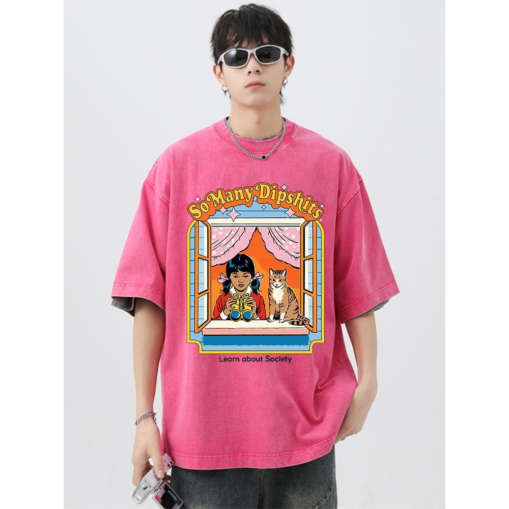 Carrying A Catlearn About Society Washed Retro Male Tops Summer Loose T-Shirt Cotton T-Shirt Clothes Casual T-Shirts