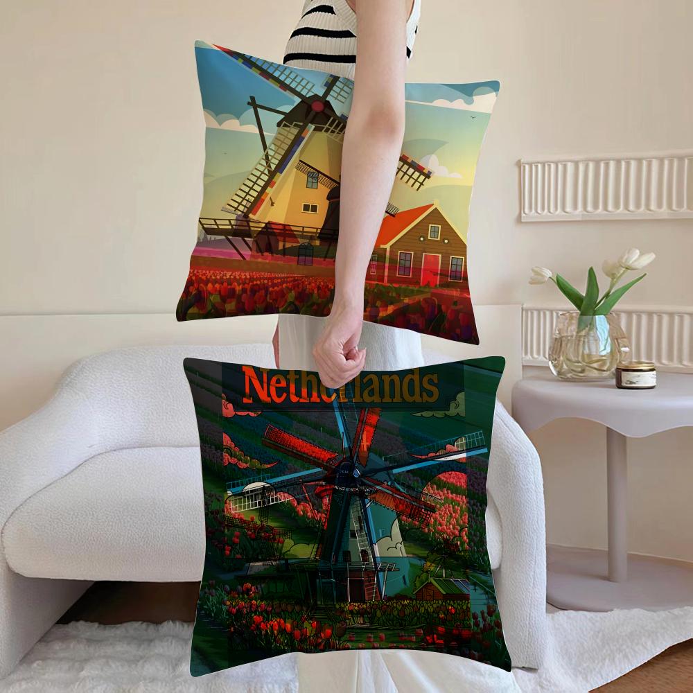Dutch Windmills & Tulips Cushion Cover Anti-dustmite Pillowcase Invisible Zipper Silky Short Plush Sofa Cushion Cover