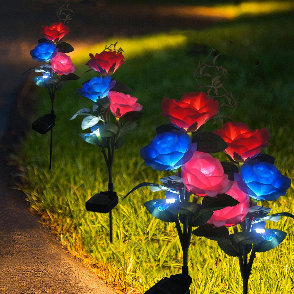 Outdoor Waterproof Solar Rose Lights with 3 Realistic Lighted Flower Heads and Butterfly Garden Decorative Lamp for Patio Decor