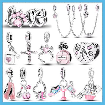 925 Silver Pink Series Charms Bow Tie Girl Cake Princess Beads Pendant Fit Original Bracelet DIY Jewelry Gift For Woman