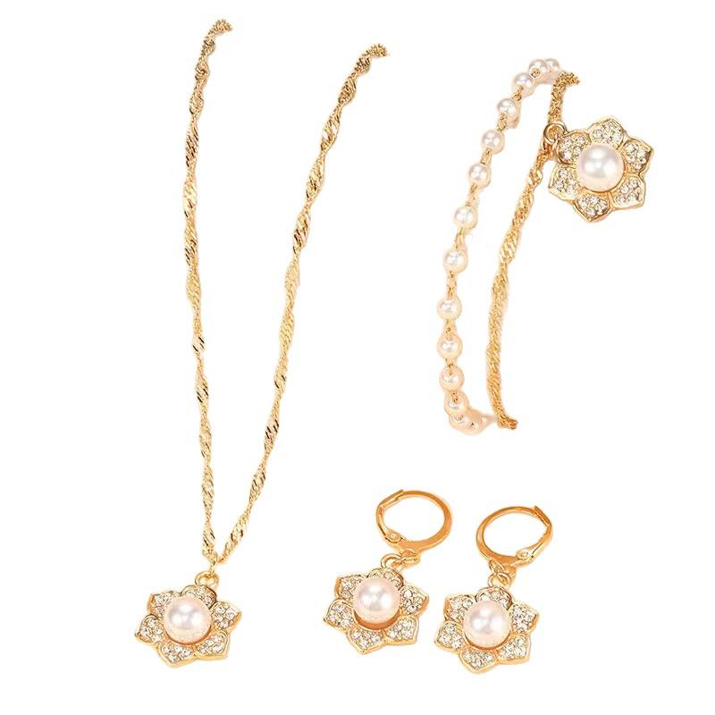 Double Layer Pearl Bracelet & Rhinestone Flower Clasp Earring Set for Women - Light Luxury Sweet Style Jewelry.