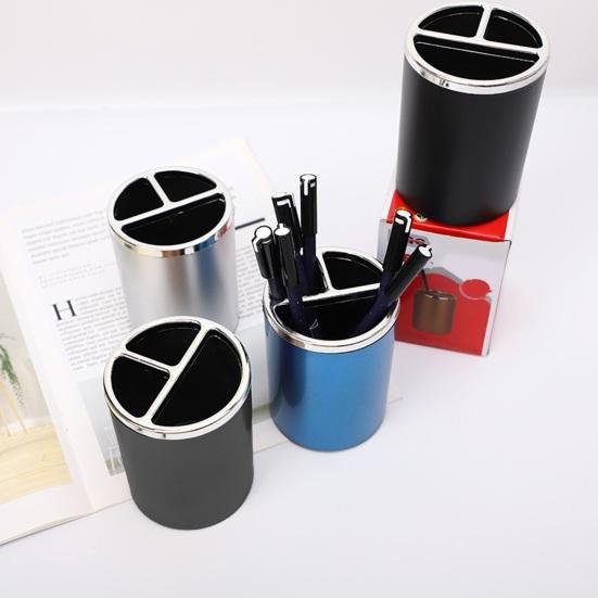 Xiaobudian Pen Holder, Cylindrical Design Pencil Holder with Silver Edge Decoration, 3-Compartment Desktop Organizer for Pens Paper Clips Makeup