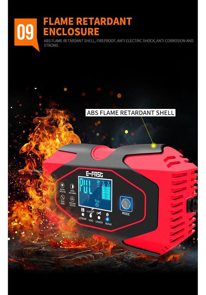 E-FAST 12V/24V Dual Voltage Smart Car & Motorcycle Battery Charger with Screen Display