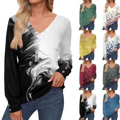 Women's Tops Floral Print Long Sleeve Shirt V Neck Casual Loose Tee Autumn Clothing