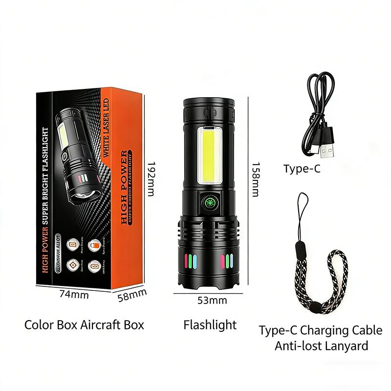 High Power LED Handheld Flashlight,5 Modes, Adjustable Beam, Type-C Fast Charging, Rechargeable Battery, Aluminum Alloy, with USB Cable