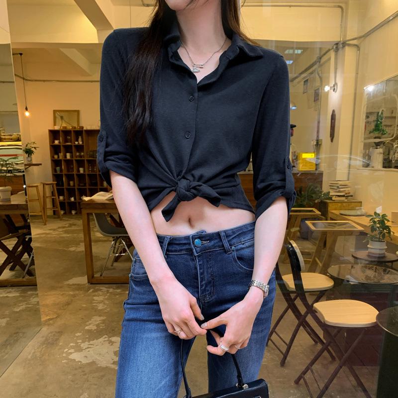In Stock: High-Quality Polo Collar Mid-Sleeve Cardigan T-Shirt – Unique, Stylish Early Autumn Three-Quarter Sleeve Top Large темно-синий