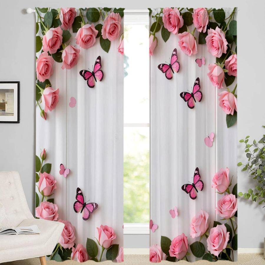 2PCS Digital Printed Curtains, Pink Rose Surrounding Pattern, Beautiful Window Drapes for Living Room Bedroom Home Decor