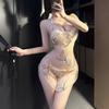 Sexy Hot Butterfly Embroidery Mesh Dress with Sheer Deep V Split and Strappy Cheongsam Babydoll - Women's Lingerie