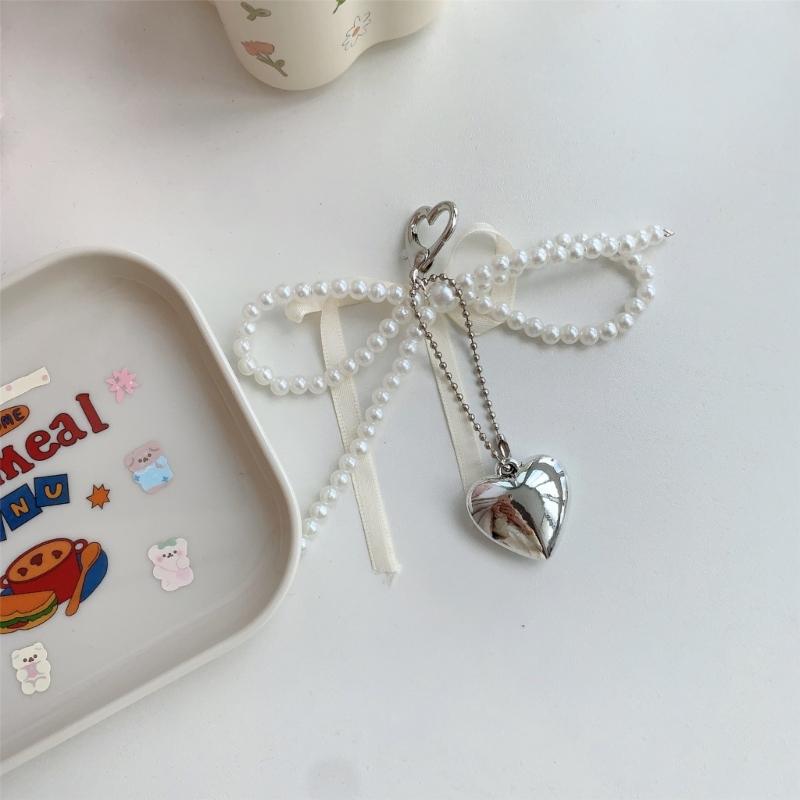 Handgemachter Schleifen-Schlüsselanhänger mit Perlenherz-Dekoration, Handy-Anhänger, Schlüsselring, Taschenanhänger für Handys und Geldbörsen