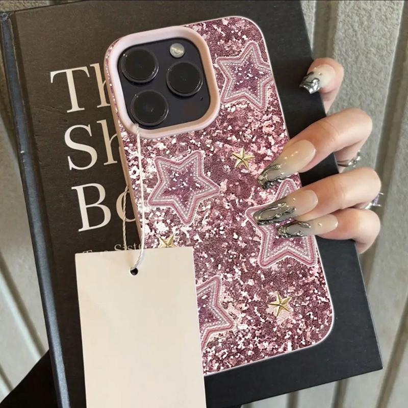 

Shining Pink Stars Lychee Texture Silicone Phone Case For iPhone 17 Pro Max 14 Plus 11 12 13 14 15 16 Pro 17 Air Soft Cover iPhone XR