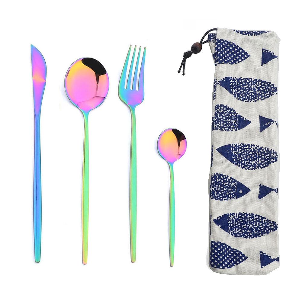 

Портативный набор столовых приборов из нержавеющей стали, 4 предмета, с сумкой, западный нож, вилка, чайная ложка, кухонный обеденный набор столовых приборов