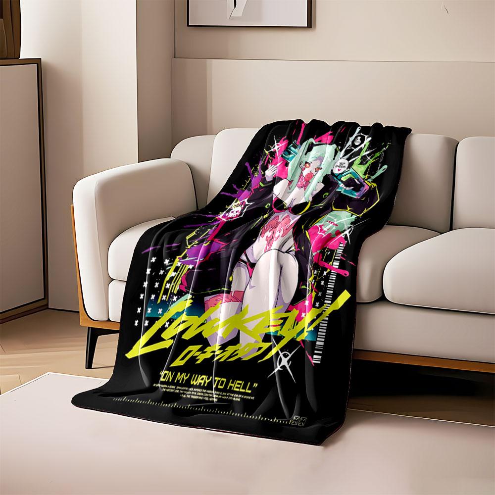 A neon punk anime style with bold graffiti and striking graphic elements. for all seasons blanket lunch break throw gift