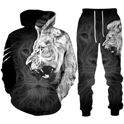 Kişilik aslan 3D baskılı kapüşonlu svetşört/eşofman erkek serin kapüşonlu eşofman üstü + pantolon koşu takımı Hip Hop erkek streetwear giyim seti