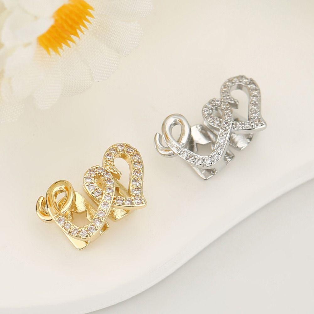 2Pcs Zircon Double Heart Teeth Caps Copper Hollow Love Tooth Grills for Women Men