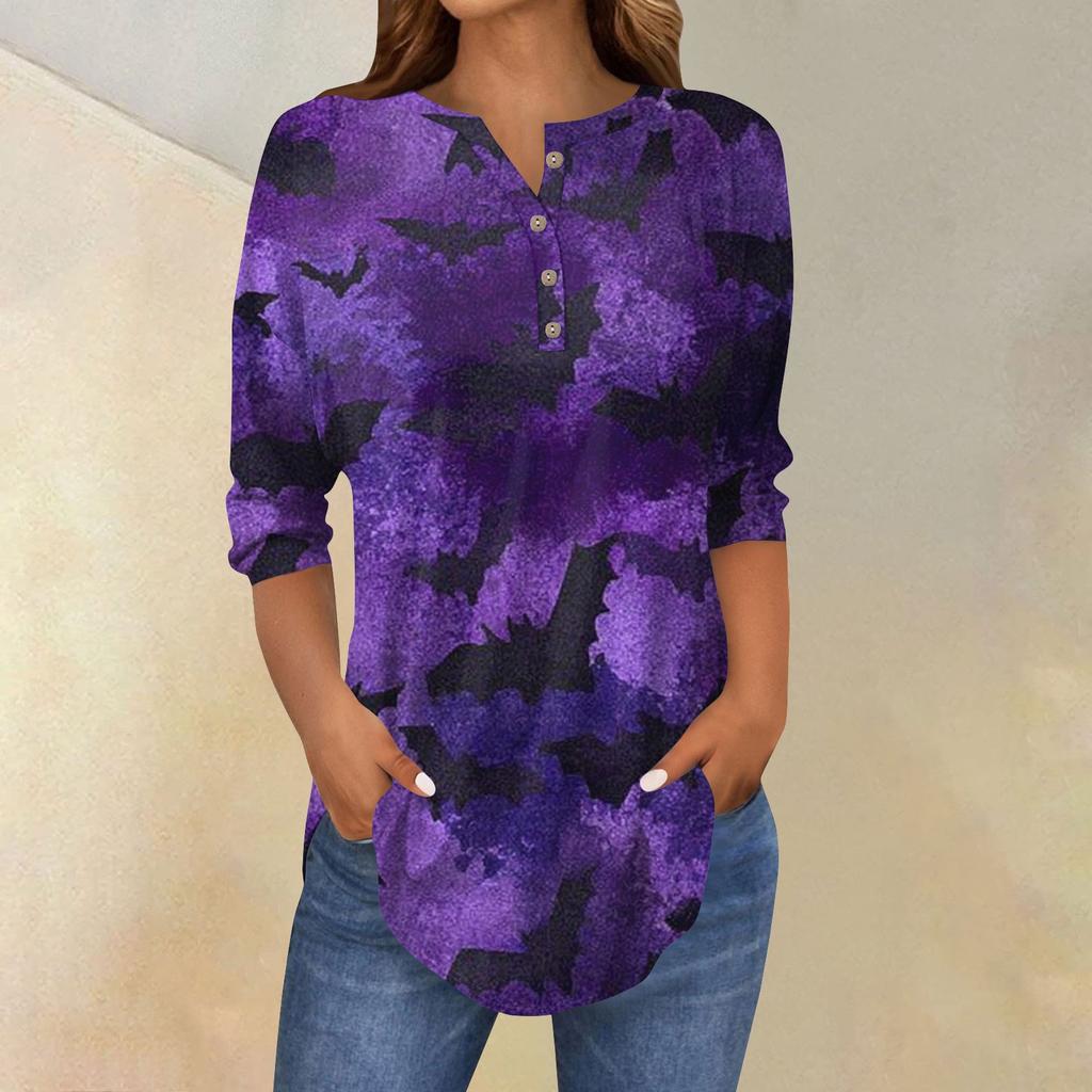 Women's Fashion Loose Button Collar Halloween Print Long Sleeve T-Shirt Top Pullover