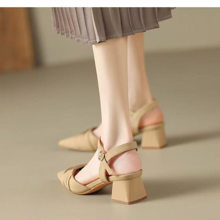 Black bag head sandals women's 2025 new summer middle heel with back air temperament French thick heel pointed single shoes