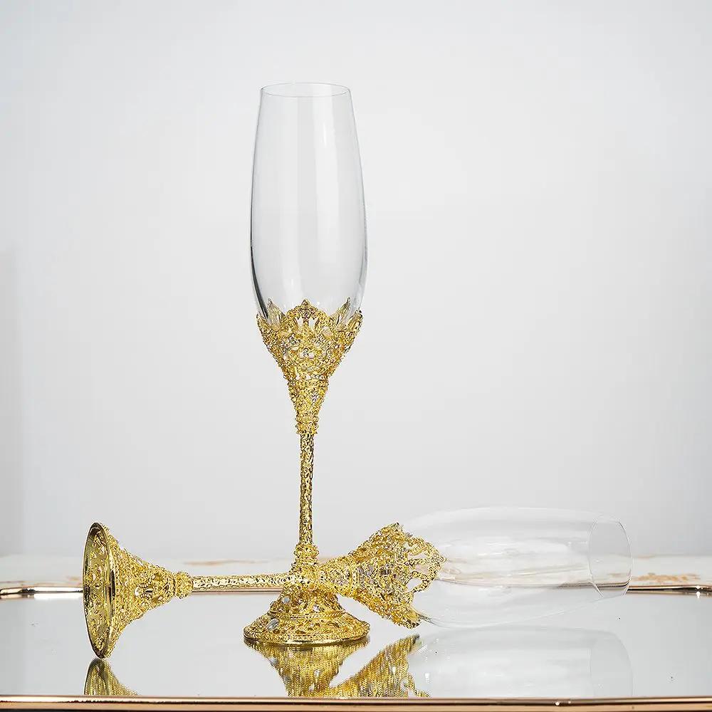 Original Flute-shaped Embossed Crown Champagne Glass, Golden Light Luxury Sparkling Wine Cup Ceremonial Sweet Cocktail Glasses
