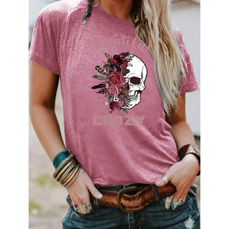 Round-neck Fashionable Skull Flower Print Top Women's T-shirt with Loose Short Sleeves