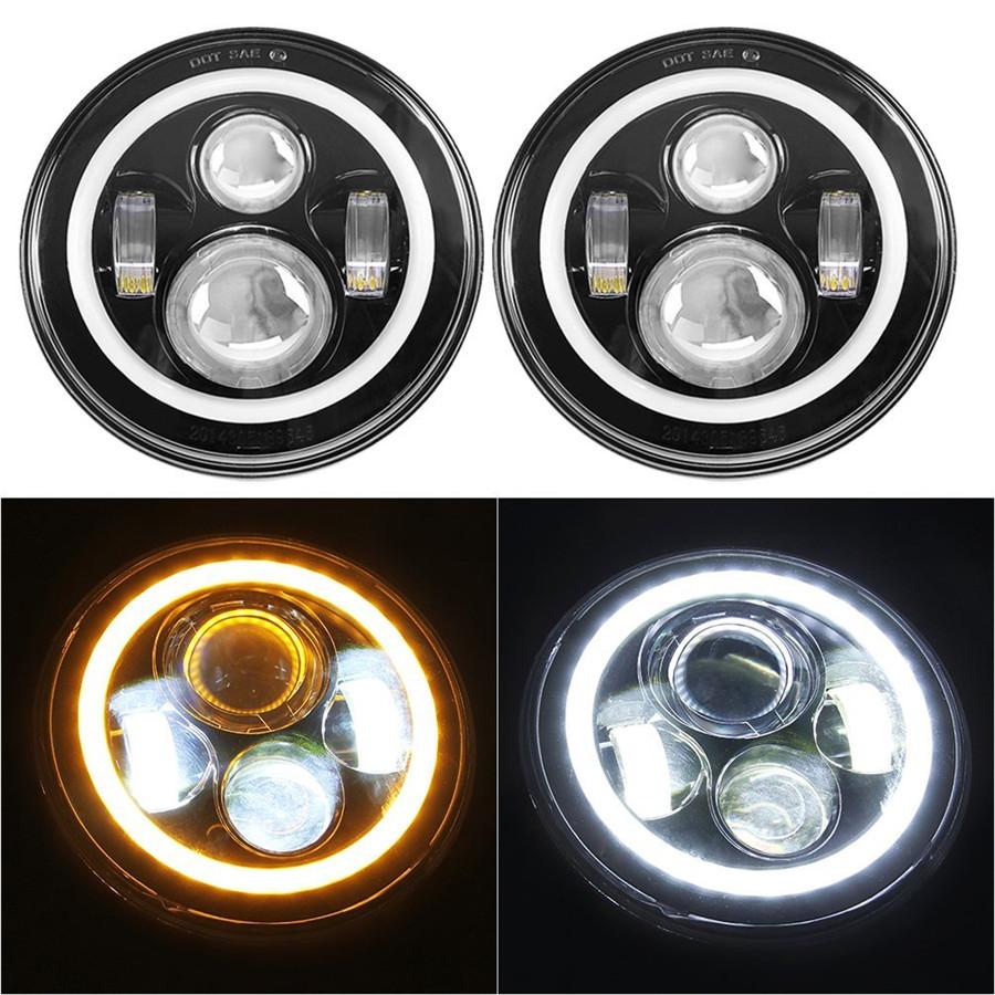 Pair 7 Inch Led Headlight H4 H13 Round Shape 7'' Headlights With Yellow & White Angel Eye For Jeep Wrangler Lada 4X4 50W/30W
