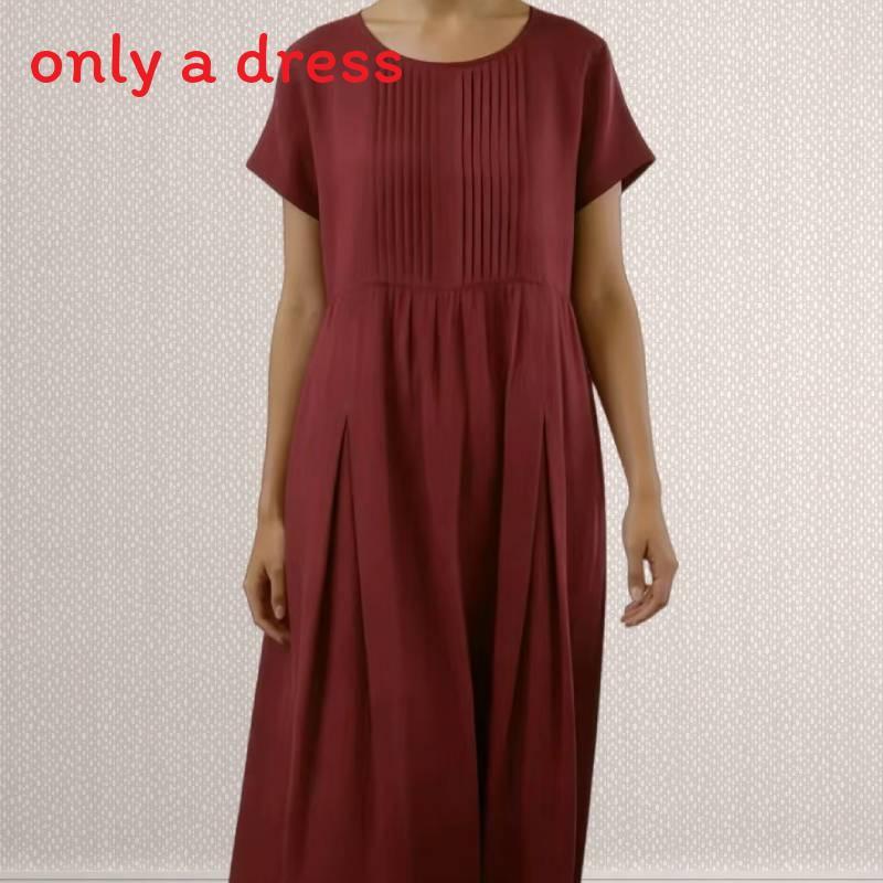 Cotton Linen Pleated Midi Dress With Loose Waist For Casual Wear