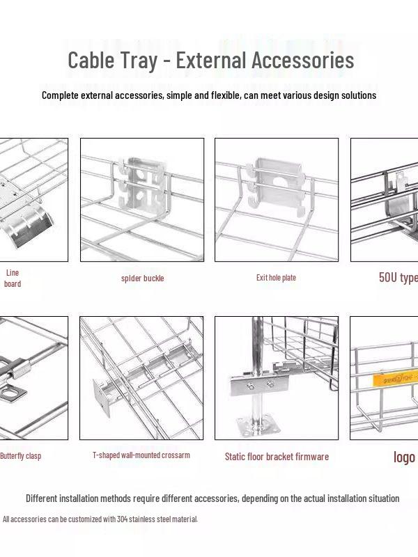 Grid Tray Accessories: Snap Screw, Straight Connector, Reinforcing Strip, Bend Connector, Cross Arm, Support Base, Lower Wiring Board