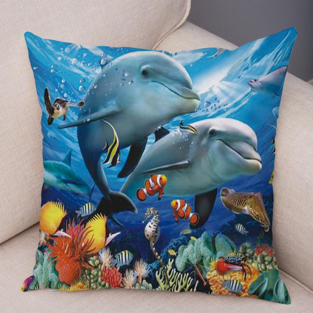 Marine Turtle Dolphins Shark Cushion Cover Short Plush Decor Colorful Ocean Animal Pillowcase Pillow Case for Sofa Home Car