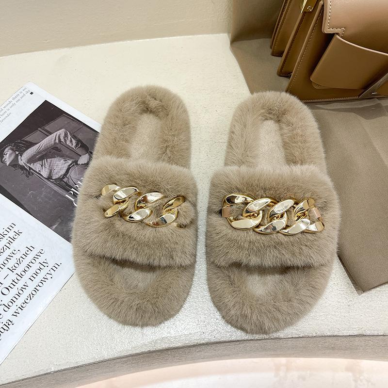 Internet celebrity fairy fluffy slippers female outer wear thick bottom heightening non-slip autumn and winter ins home chain plush slippers