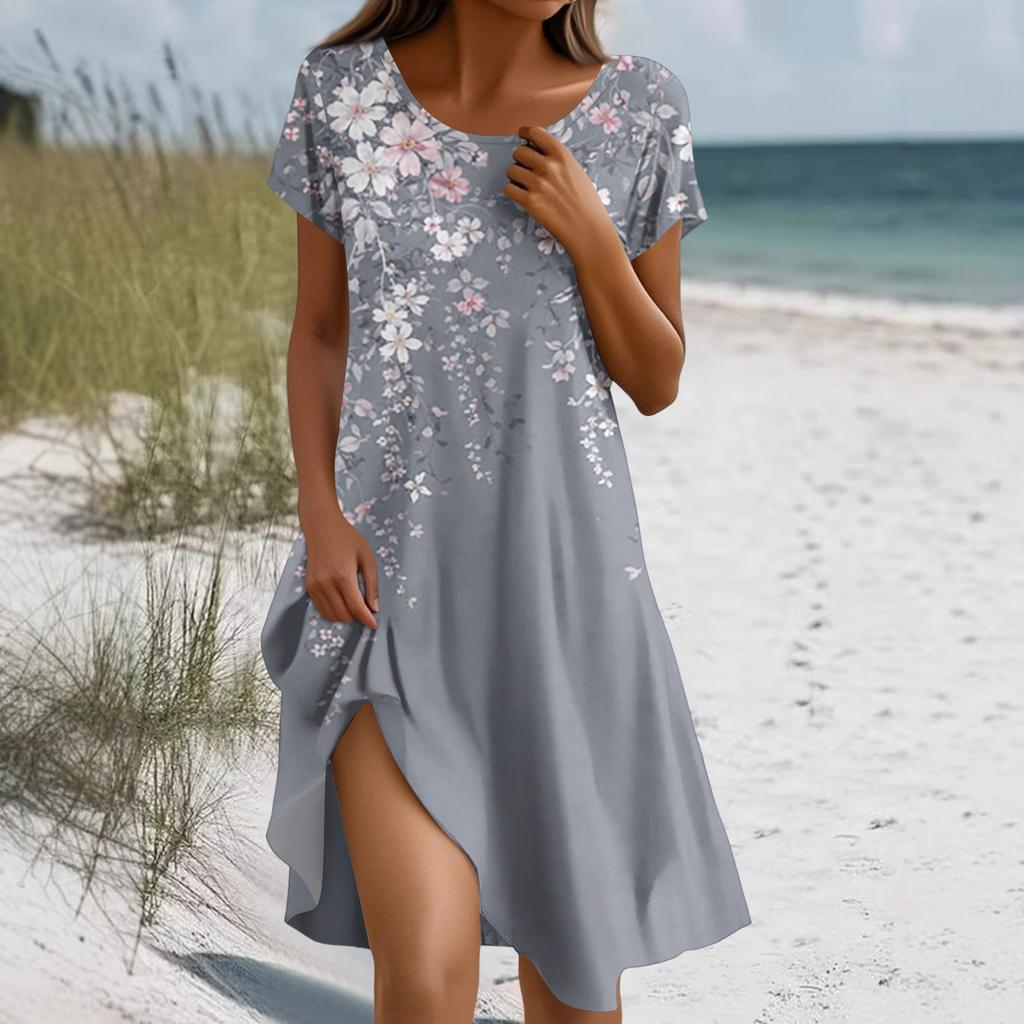 Short Sleeve Boho Dress For Women Casual Loose Fit Summer Sundress Floral Print Dress With Pockets