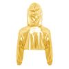 Costume de Performance de Danse Hip Hop Jazz pour Filles Ourlet Asymétrique Sweat à Capuche Métallique Haut Court à Manches Longues