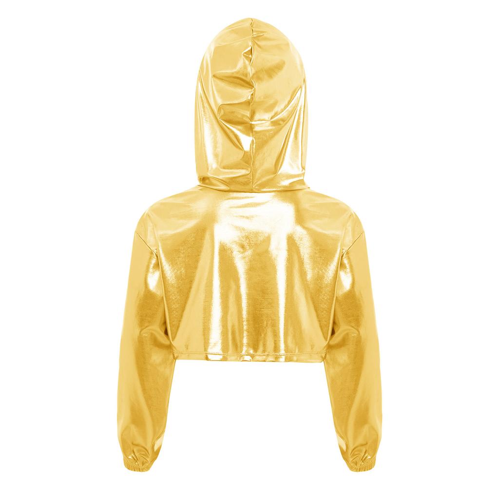 Costume de Performance de Danse Hip Hop Jazz pour Filles Ourlet Asymétrique Sweat à Capuche Métallique Haut Court à Manches Longues
