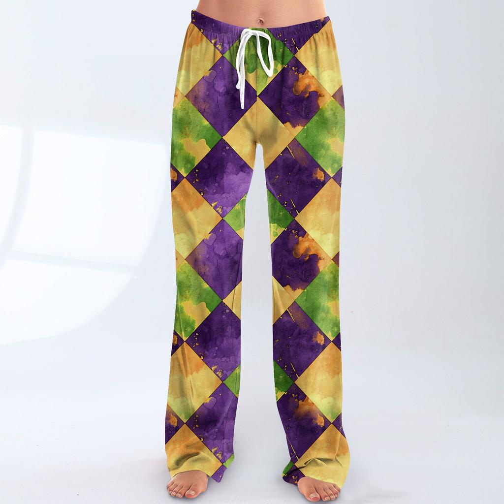 Ladies' Loose And Casual Carnival Printed Wide Leg Pants With Elastic Waistband Drawstring And Pocket Pants