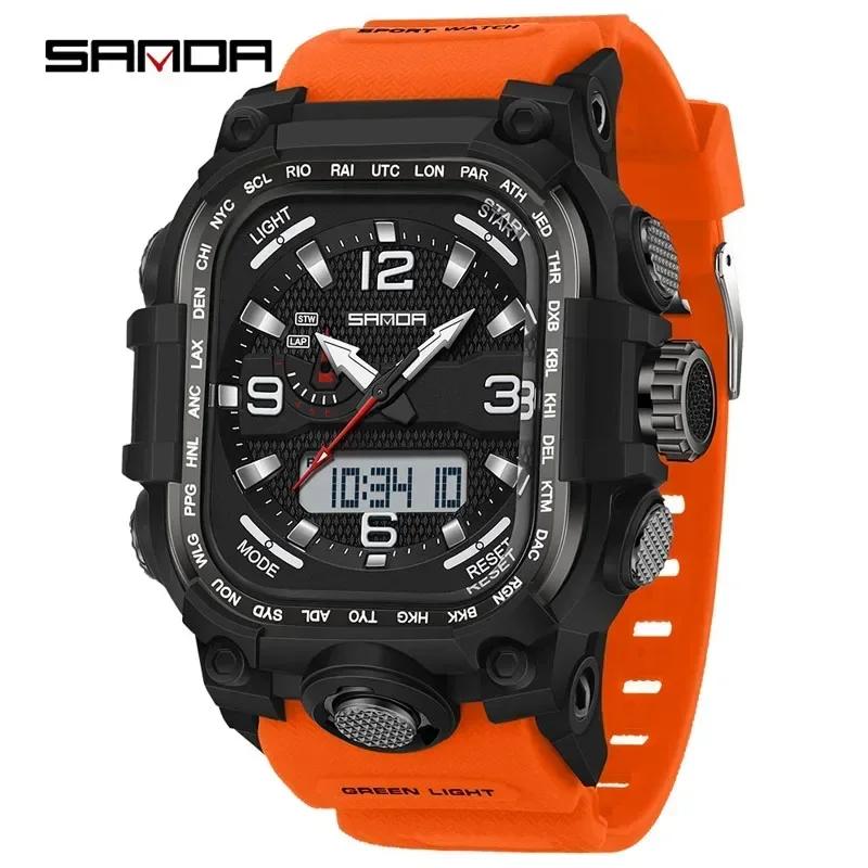 SANDA Luxury Brand Dual Display Men's Watch Luminous Waterproof TPU Soft Strap Large Dial Chronograph Calendar Sports Wristwatch