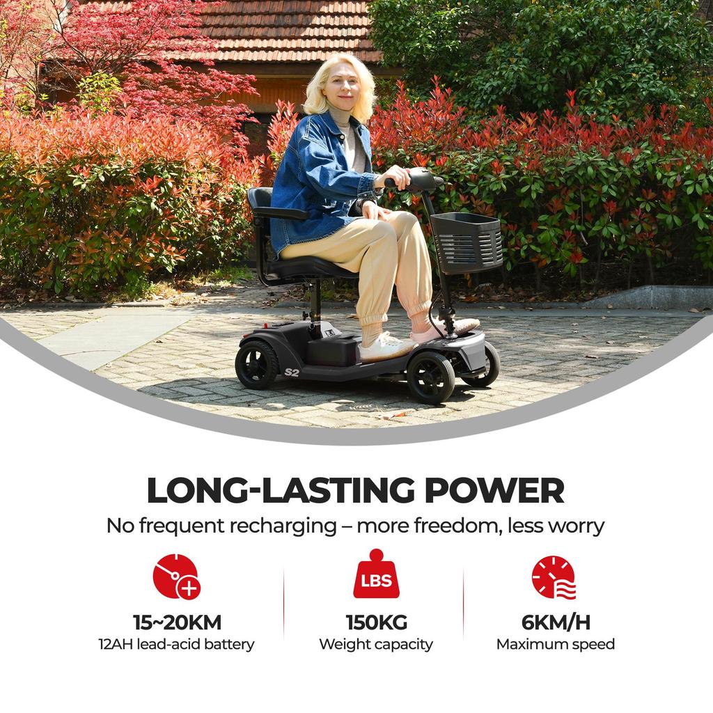 Sweetrich S2 Electric Mobility Scooter, 250W Motor, 24V 12Ah Battery, Electric Scooter for Seniors, 6KM/H MAX, 20KM Range, Weight Capacity 150KG.