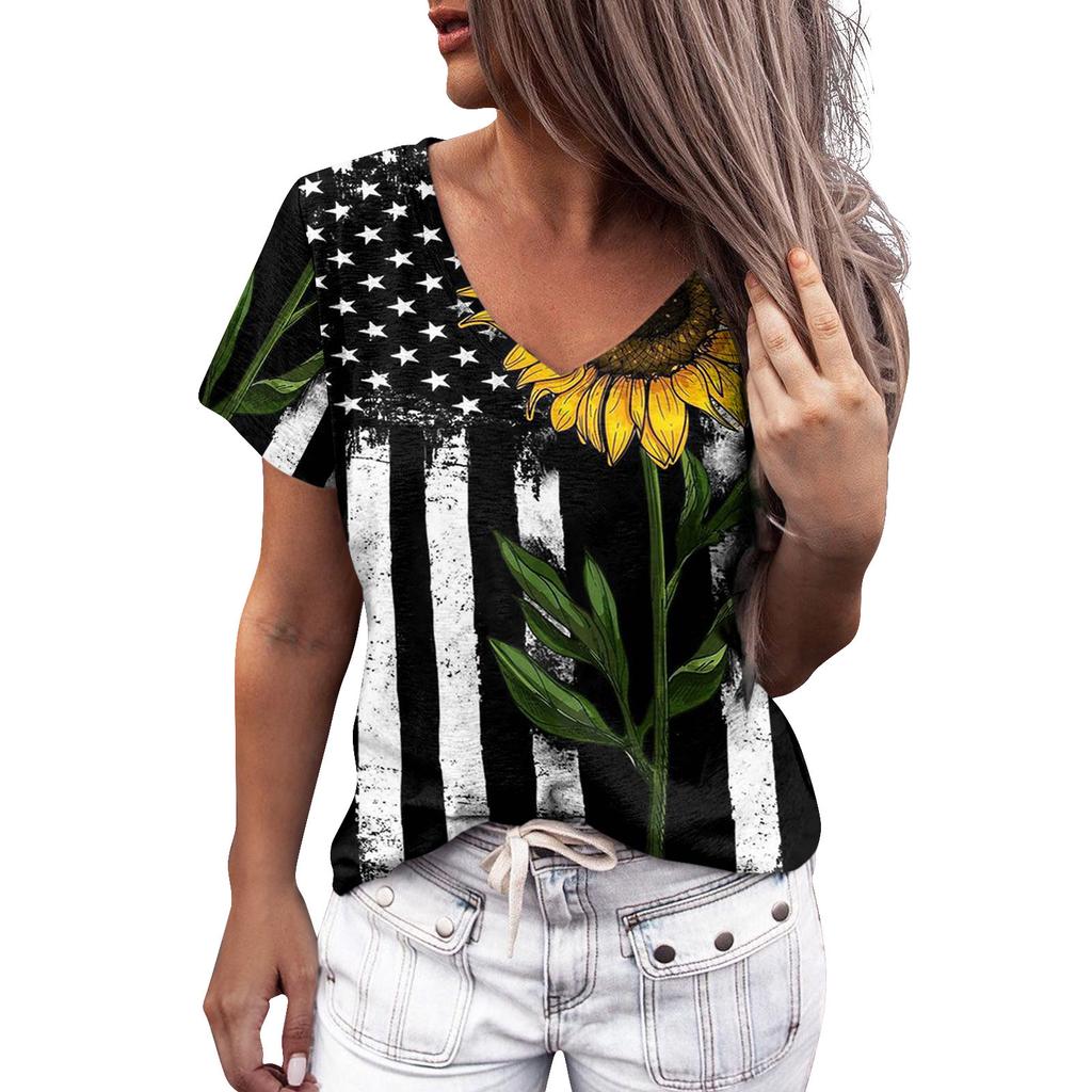 Summer Women Floral Print V Neck Short Sleeve Loose 3D T Shirt