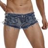 Men’s Low Rise Extra Short Denim Shorts Raw Edge Ripped Side Lace Up Hot Pants for Rave Clubbing